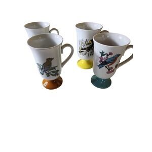 FRED ROBERTS VTG Made in Japan Footed Colorful Bird 8oz Coffee Mugs set of 4